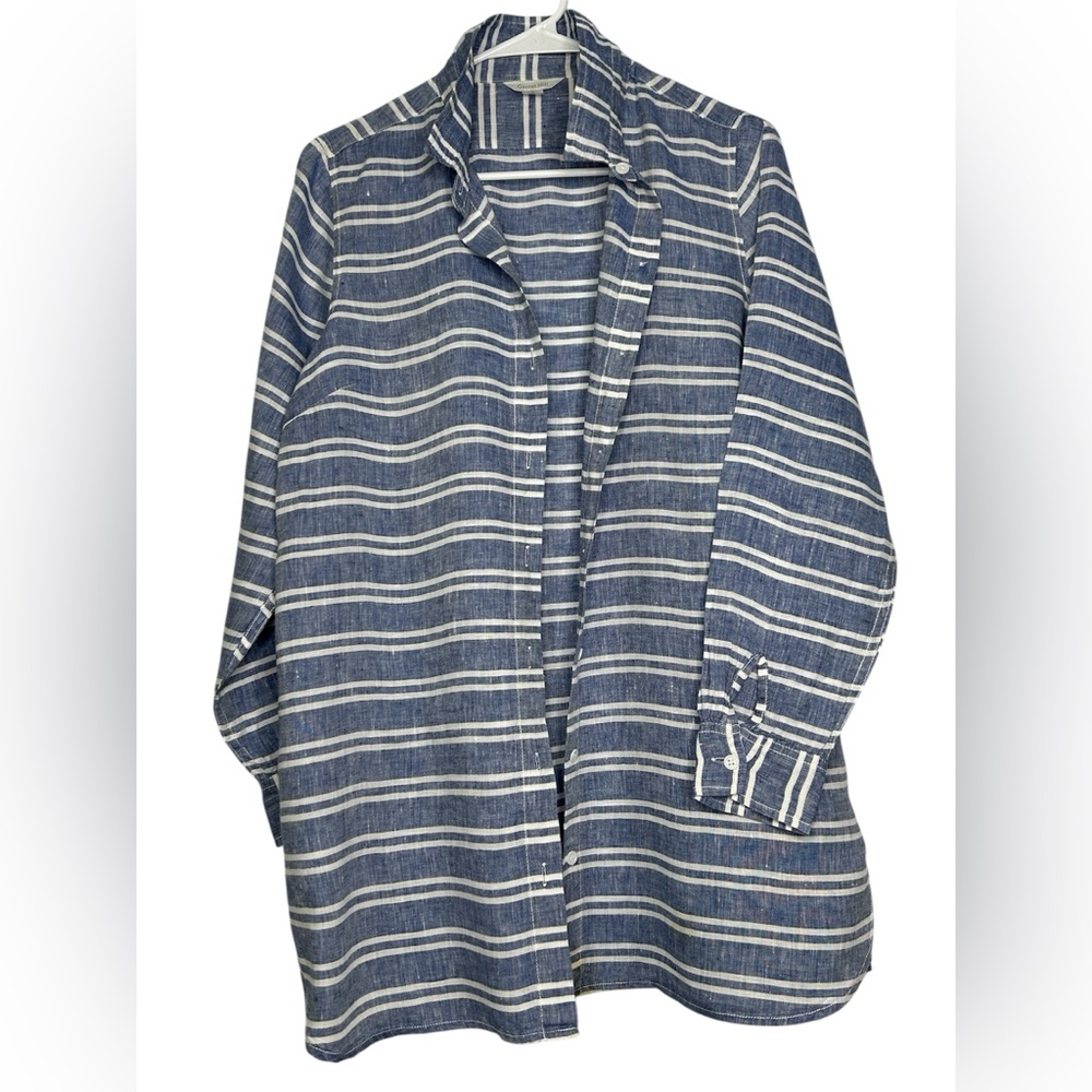 Garnet Hill Blue and White Striped Top Size Small Linen coastal Beach Vacation